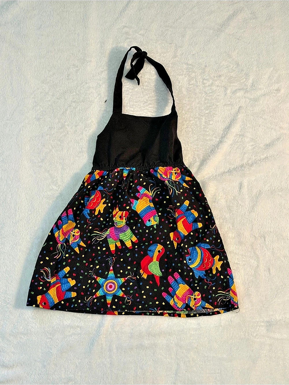 Printed Halter Mini Dress in Black & Multicolor Like New
